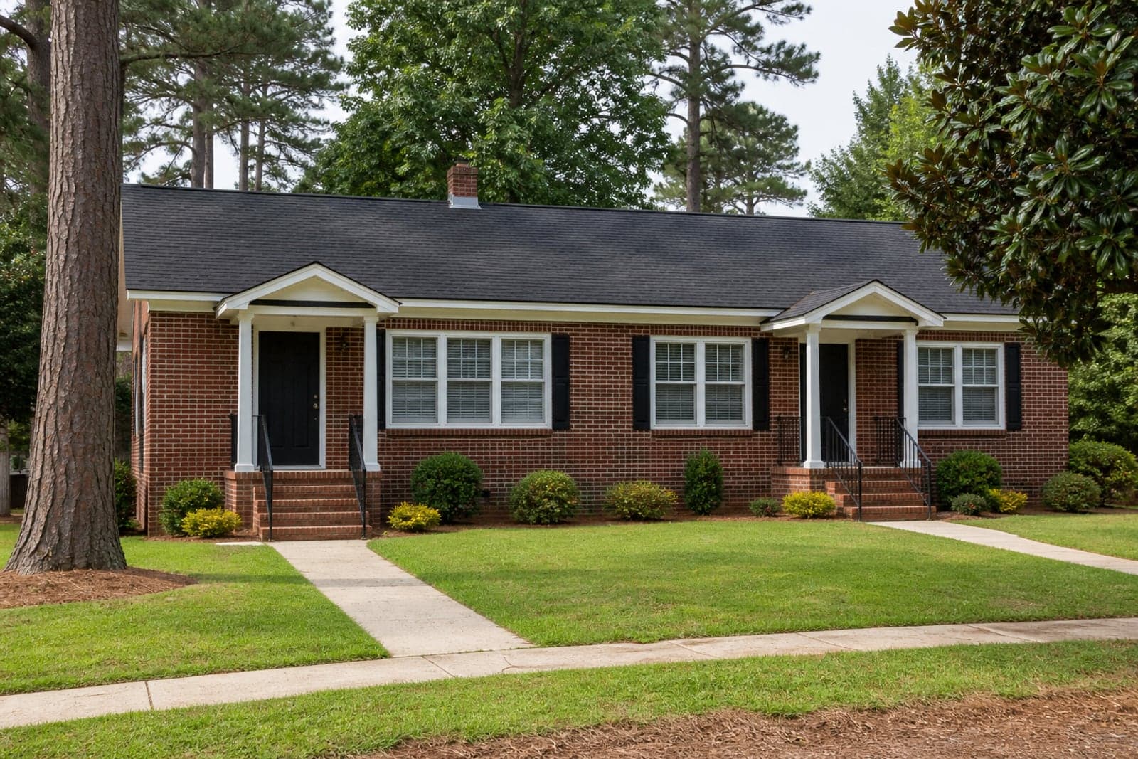 Small brick duplex with separate entries, pine trees, and tidy Midlands landscaping.